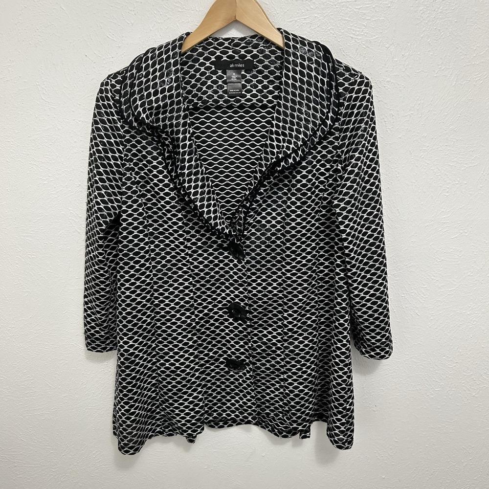 Ali Miles Statement Jacket Black Geometric Print Oversized Buttons Lagenlook M